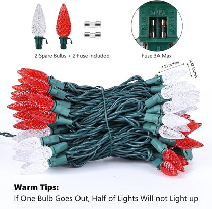 Brizled Red & White C5 Christmas Lights, 33ft 100 LED Christmas tree Lights, Connectable 120V UL Certified Faceted Christmas Lights Outdoor Indoor Xmas Lights for Christmas Tree Party Roof Decoration
