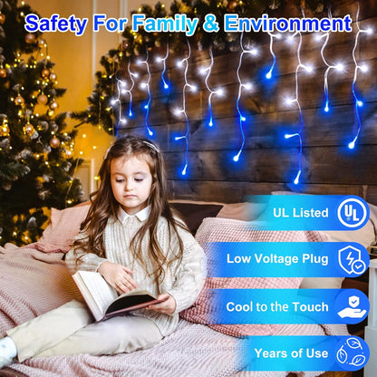 1296LED Christmas Lights with 288 Drops, 131ft 8 Modes Christmas String Lights Outdoor, Waterproof Christmas Decorations Fairy Lights with Timer Memory for Party Patio Window Fence Blue & CoolWhite