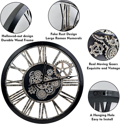 The B-Style Large Real Moving Gears Wall Clock 30 inch Rustic Retro Industrial Farmhouse Wood Clock Oversized Decorative Vintage Wall Clocks for Living Room (Black)