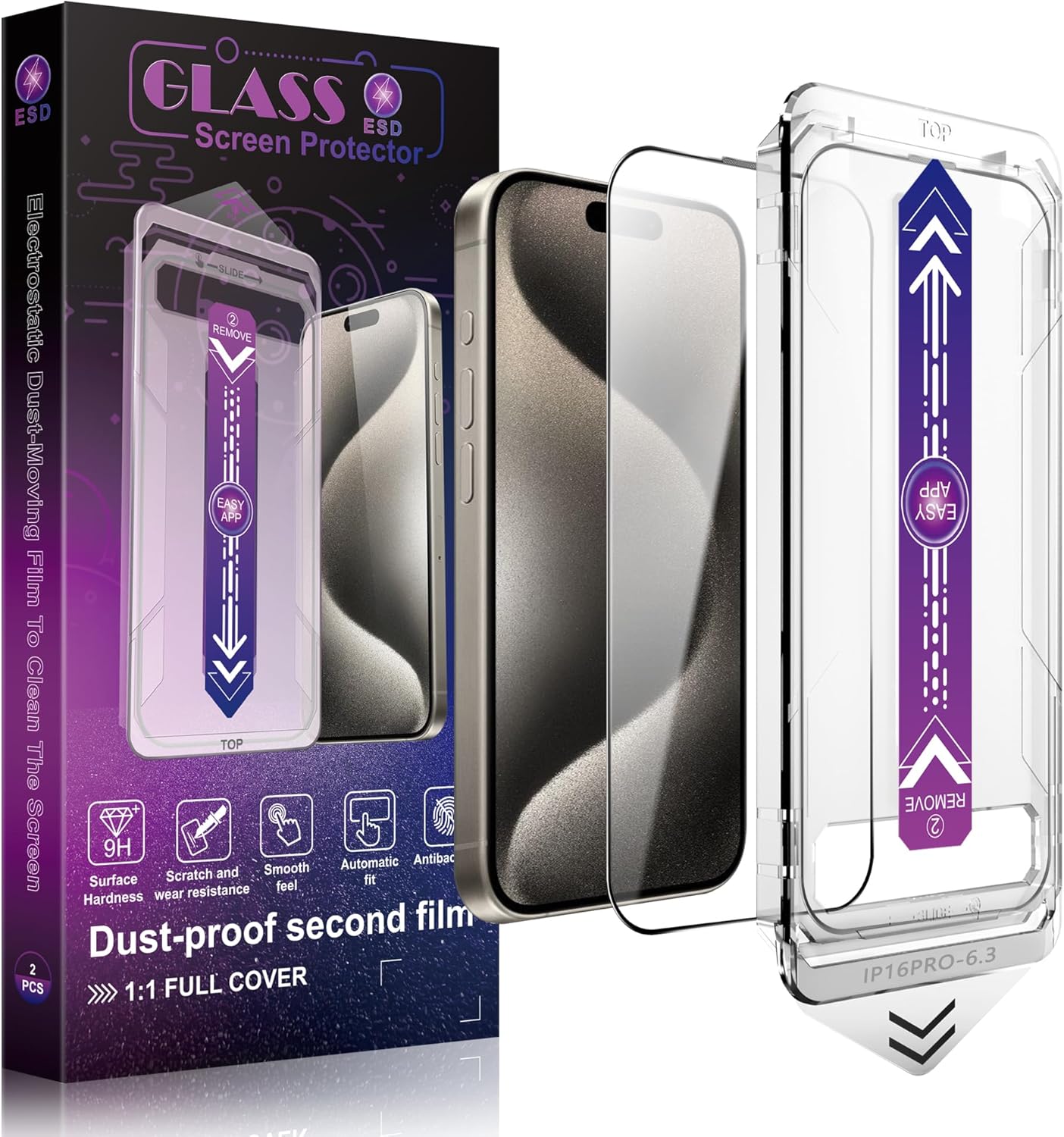 2 Pack Screen Protector Tempered Glass for iPhone 16 Pro 6.3-Inch Auto Dust Removal, No Bubbles, High Definition Clear, Easy Installation
