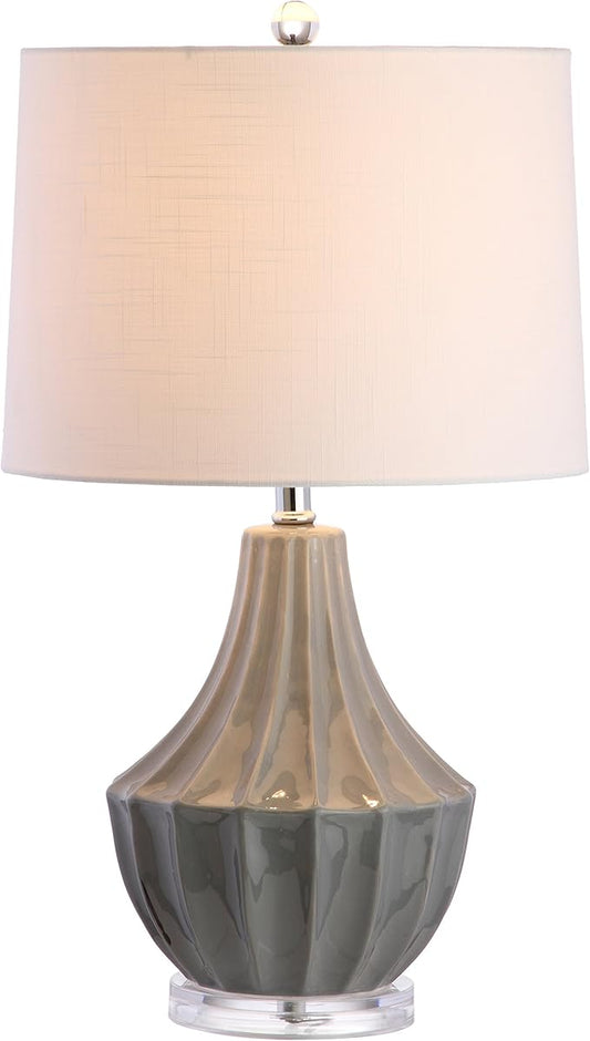 JONATHAN Y 24.5" Gray Ceramic Table Lamp for Bedroom, Modern Bedside Desk Lamp, White Linen Drum Shade, Fluted Gourd for Living Room, LED Bulb Included (JYL8018B)
