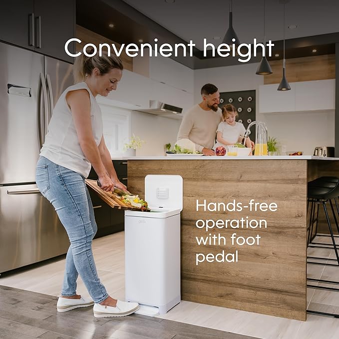Kitchen Compost Bin, White Stainless-Steel Large, 3.6 Gallon, Indoor Odorless Composting, Hands-Free, Washable Parts, Includes 8 Tear-Off Compostable Bags and 4 Carbon Filters