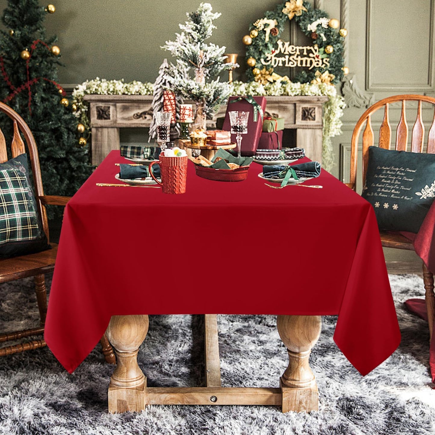 sancua Square Tablecloth - 54 x 54 Inch - Stain and Wrinkle Resistant Washable Polyester Table Cloth, Decorative Fabric Table Cover for Dining Tables, Buffet Parties and Camping, Red