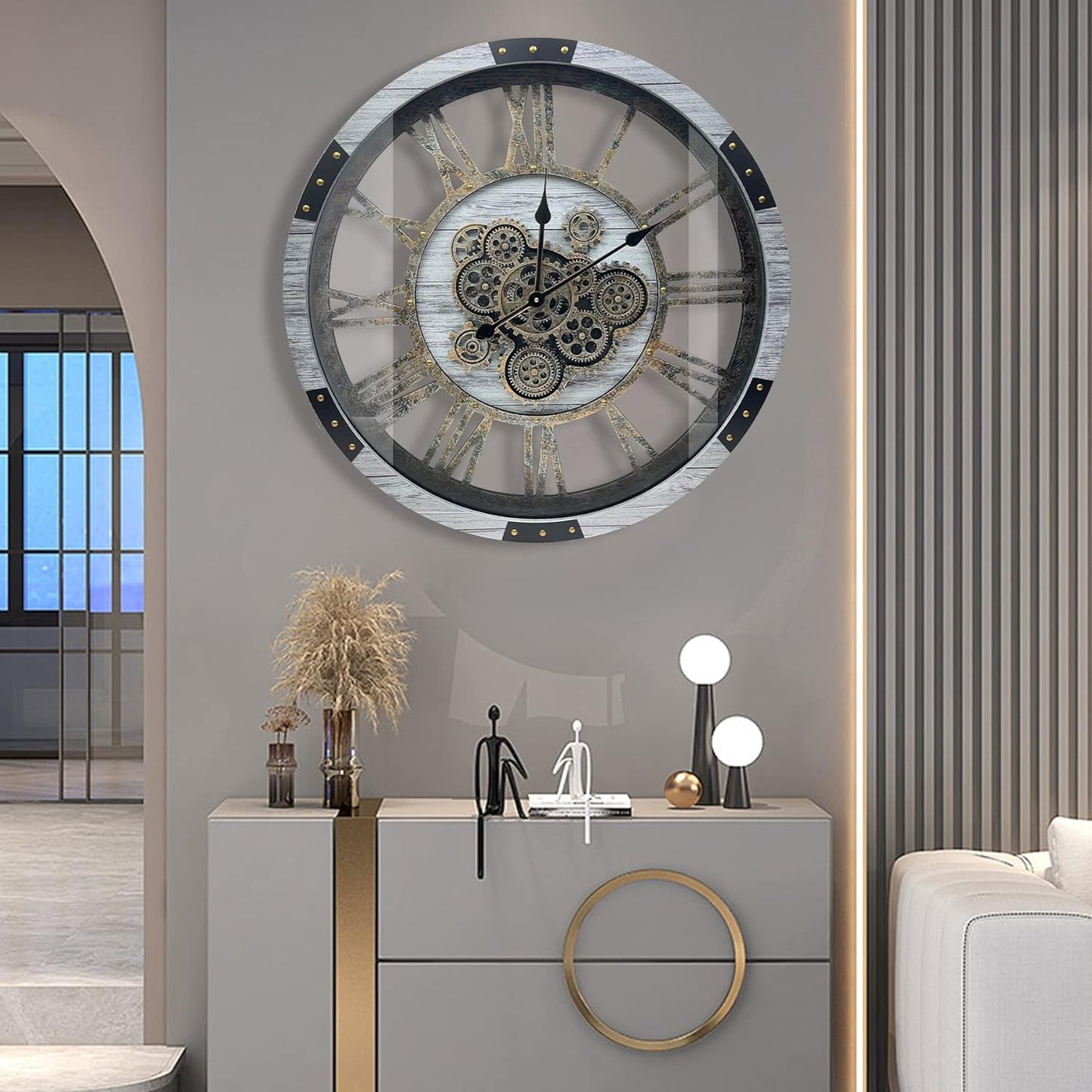 DORBOKER 27" Original Moving Gears Wall Clock, Large Industrial Wall Clock for Living Room Decor, Retro Metal Solid Wood Vintage Farmhouse Steampunk Rustic Clocks for Wall Decor,Silver Grey