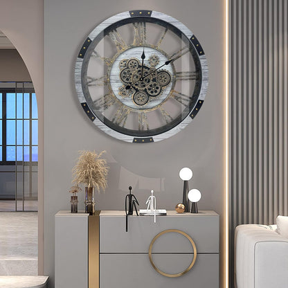 DORBOKER 27" Original Moving Gears Wall Clock, Large Industrial Wall Clock for Living Room Decor, Retro Metal Solid Wood Vintage Farmhouse Steampunk Rustic Clocks for Wall Decor,Silver Grey