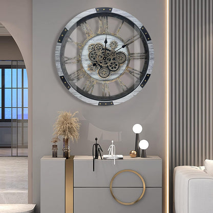 DORBOKER 30" Original Moving Gears Wall Clock, Large Industrial Wall Clock for Living Room Decor, Solid Wood Vintage Farmhouse Steampunk Rustic Clocks for Wall Decor,Silver Grey