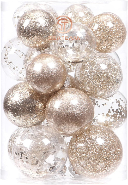 Sea Team Christmas Baubles Set Clear Plastic Shatterproof Multi-Size Decorative Christmas Baubles with Stuffed Delicate Decorations (25 Pieces, Champagne)