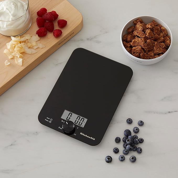 KitchenAid KQ914BA Digital Glass Top Kitchen and Food Scale, 11 lb Capacity, Measures Liquid & Dry Ingredients, Rotating Knob, Precise Results for Baking, Cooking, Keto and Meal Prep, Tare, Black