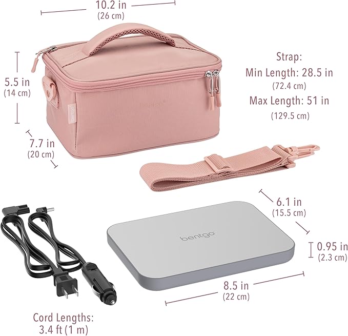 Bentgo Heat - Electric Lunch Bag & Food Warmer for Reheating Meals in Car, at Work & More - Heated Lunch Box Warmer for Adults, Students & Shift Workers, 12V/24V Auto & 120V Wall Cords (Blush)
