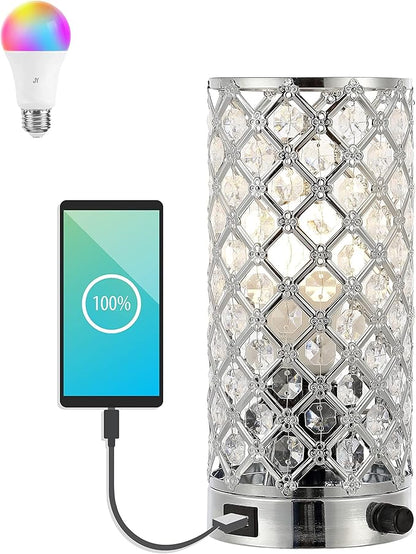 JONATHAN Y 9.5" Chrome Iron and Acrylic Mini Table Lamp, Mid-Century Modern Glam Uplight with USB Charging Port and Dimmable Smart Bulb, LED Bulb Included JYL1128A
