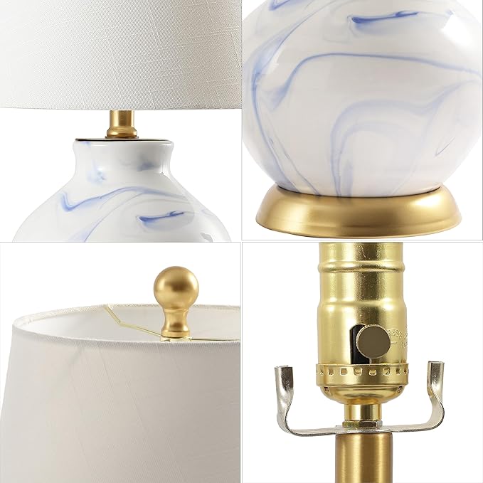 JONATHAN Y 20.5" Blue/White Marbleized Ceramic Table Lamp, Contemporary Traditional Bedside Lamp for Living Room, Gold Accents, White Linen Empire Shade, LED Bulb Included JYL3007A
