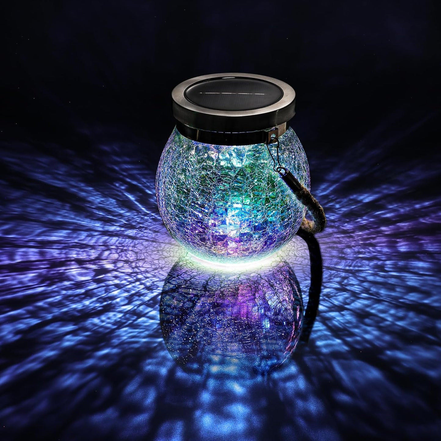 Cooo 4 Pack Solar Lantern Outdoor Waterproof Iridescent Crackle Glass with 215% Larger Solar Panel, Stainless Steel Lid – Rainbow Glass Hanging Light with Cool White LED for Garden Patio Table