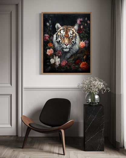 Tiger and Flower Poster Art Print, Halloween Scary Vintage Wall Art Academia Spooky Painting Decoration for Horror Prints, Gothic Posters Bedroom Decor 89 (Tiger and Flower, 16 x 20 inches, Wood Frame)