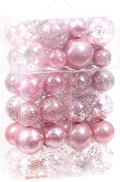 Sea Team Christmas Baubles Set of 48 Shatterproof Clear Plastic Christmas Baubles Multi-Size Decorative Baubles with Stuffed Delicate Decorations (48 Pieces, Pink)