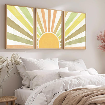 Wooden Framed Boho Sun Wall Art Set of 3 Abstract Sunshine Canvas Prints Morden Bohemian Posters Neutral Home Decor Minimalist Geometric Line Painting Picture for Living Room Bedroom16x24in