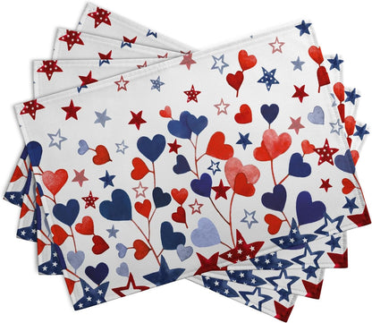 Red Blue Heart Stars 4th of July Placemats Set of 4 Patriotic America Independence Memorial Day Linen Table Mats 12x18 Inch Washable Place Mats for Party Kitchen Dining Outdoor Indoor Decor