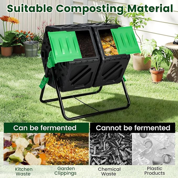 Dual Chamber Outdoor Compost Tumbler, Heavy-Duty Rotating Composter with Aeration & 2 Sliding Doors, 34.5 Gallon Composting Bin for Garden Kitchen Yard Waste