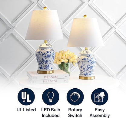 JONATHAN Y 22" Blue/White Ceramic Table Lamp, French Country Chinoiserie Ginger Jar LED Bedside Lamp for Living Room Bedroom, White Linen Shade (JYL3005A-SET2)
