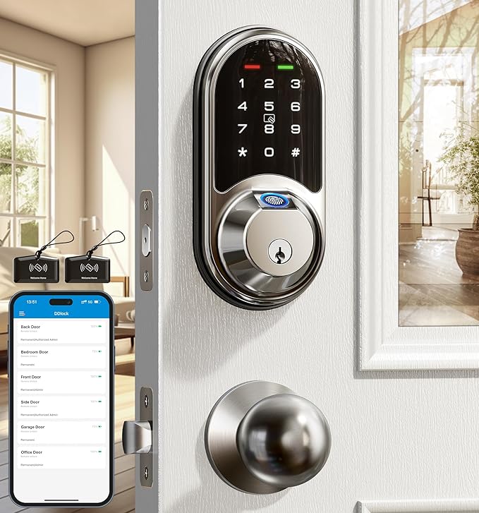 Veise RZ07C Smart Locks for Front Door, 2 Knob Handle Set, Fingerprint Keyless Entry, App Control Biometric Lock, Electronic Digital Touchscreen Keypad Deadbolt, Easy Install, Auto Lock, Satin Nickel