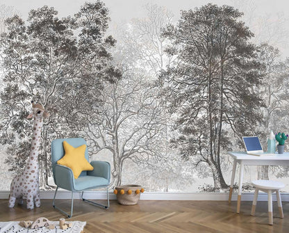 Vintage Forest Mural Wallpaper Gray Trees Woodland Wallpaper Bedroom Living Room Large Art Mural Vintage（Not Peel and Stick）