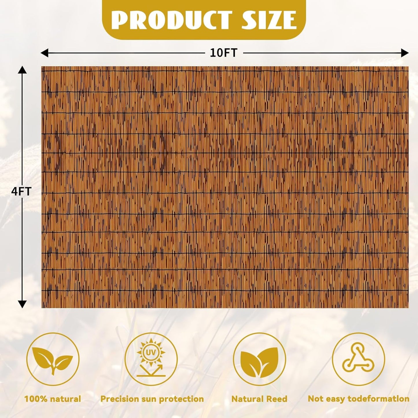 Bamboo Reed Fencing, Light Russet Bamboo Fence Rolls 4 Feet High, Decorative Reed Screen Privacy Curtains for Patio Balcony Garden Backyard Outdoor, 4 x 10 FT