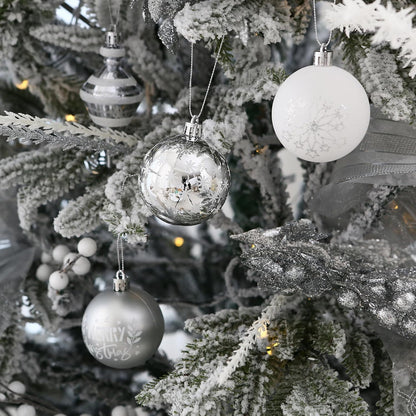 Sea Team 60mm/2.36" Delicate Contrast Color Theme Painting & Glittering Christmas Tree Pendants Decorative Hanging Christmas Baubles Balls Ornaments Set - 30 Pieces (Silver & White)