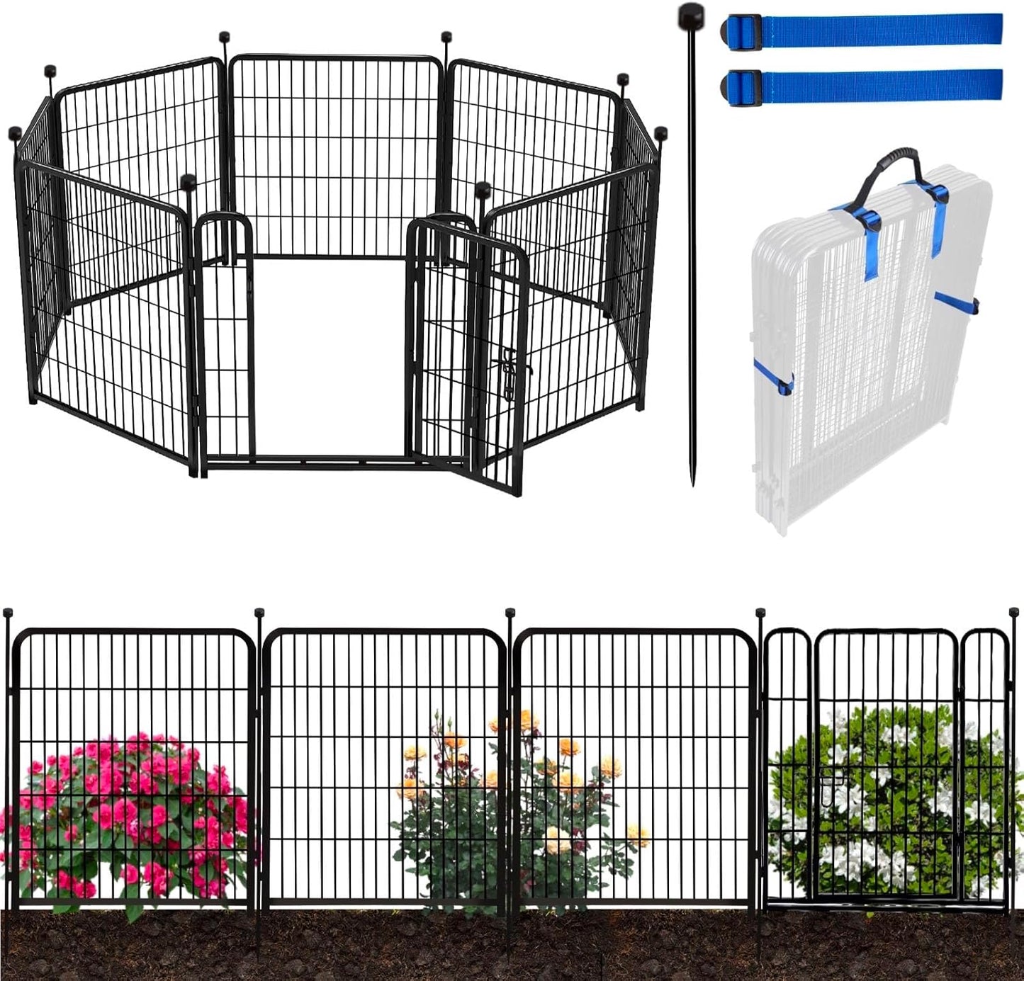 ADAVIN 40 in(H) Garden Fence with Low Threshold Door, Dog Fence Outdoor for Yard, 8 Panels Total 17.7 Ft(L) Dog Playpen，Black Metal Dog Play Pen Indoors, Pet Puppy Playpen for Camping, Dog Fencing