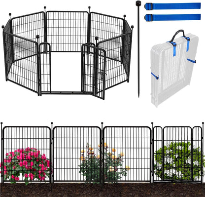 ADAVIN 40 in(H) Garden Fence with Low Threshold Door, Dog Fence Outdoor for Yard, 8 Panels Total 17.7 Ft(L) Dog Playpen，Black Metal Dog Play Pen Indoors, Pet Puppy Playpen for Camping, Dog Fencing