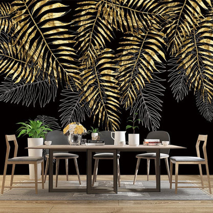 Black and Gold Leaf Mural Bedroom Tropical Botanical Wallpaper Room Plant Decor Living Room tv Background Large Wall Mural - 137"x96" (Not Peel and Stick)