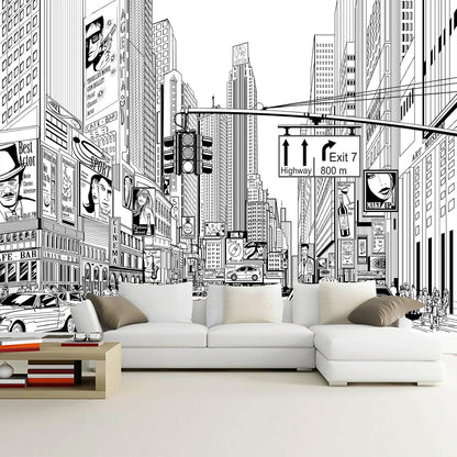 WFBHUA-Black and White New York City Wallpaper Hand Painted Times Square Wall Mural Decoration for Living Room Bedroom Offices(Not Peel and Stick)