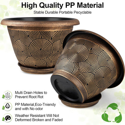 10 Inch Flower Pots Planters for Indoor Outdoor Plants, 3 Pack Plastic Large Plant Pots with Drainage Hole & Tray, Modern Decorative Garden Pot with Saucer, Plant Container for House
