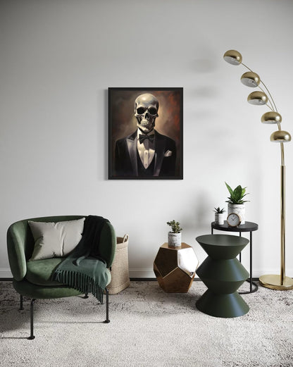 Skull Portrait Poster Art Print, Halloween Scary Vintage Wall Art Academia Spooky Painting Decoration for Horror Prints, Gothic Posters Bedroom Decor 89 (Skull Portrait, 8 x 10 inches, Black Frame)