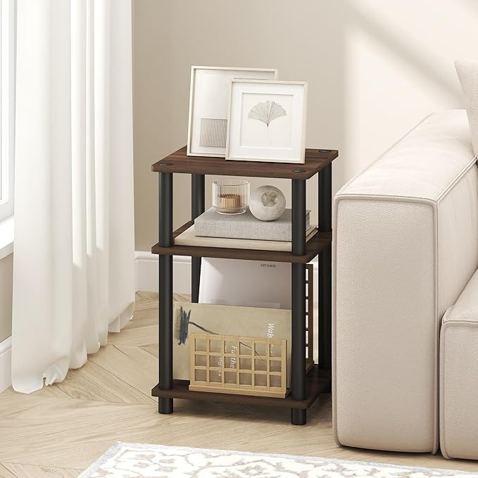 Furinno Turn-N-Tube Side Table, 3-Tier End Table with Open Shelf, Toolless Assembly Night Stand, Bedside Table, for Living Room, Bedroom, Brown Walnut