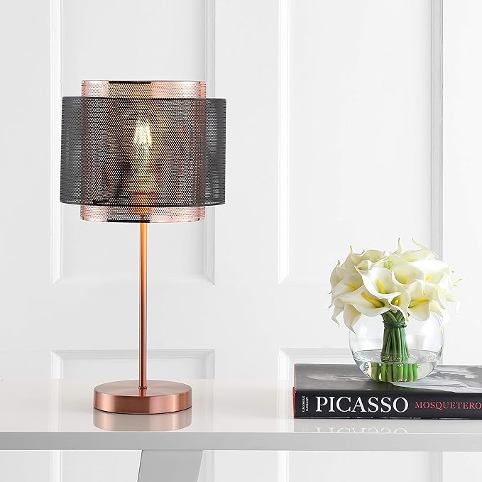 JONATHAN Y 19.75" Copper and Black Metal Table Lamp, Modern Industrial Double Mesh Drum Shade Desk Lamp for Bedroom Living Room Office, UL Listed, LED Bulb Included JYL6106A