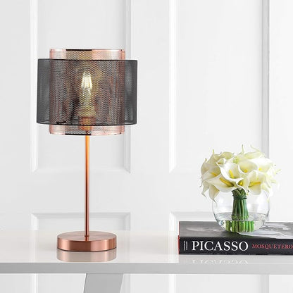 JONATHAN Y 19.75" Copper and Black Metal Table Lamp, Modern Industrial Double Mesh Drum Shade Desk Lamp for Bedroom Living Room Office, UL Listed, LED Bulb Included JYL6106A