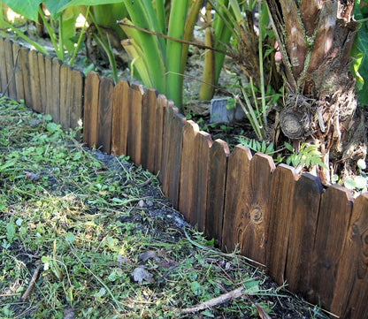 Wood Fence Border for Garden Beds – 9.8" H x 47" L Wooden Landscape Edging Panels, Rustic Decorative Outdoor Divider for Lawn, Path, and Yard Design (3-Pack, Covers 11.75 Ft)