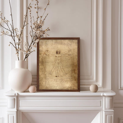Poster Master Classic Leonardo Da Vinci Poster - Vintage Renaissance Print - Gift for Artist, Friend - Vitruvian Man, Proportion, Symmetry, Human Body - Wall Decor for Office, 8x10 Brown Framed