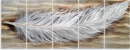 Yihui Arts Rustic Feather Metal Wall Art, Brown and Silver Aluminum Artwork, 5 Panels Artwork for Living Room Farmhouse Dinning Office Decor