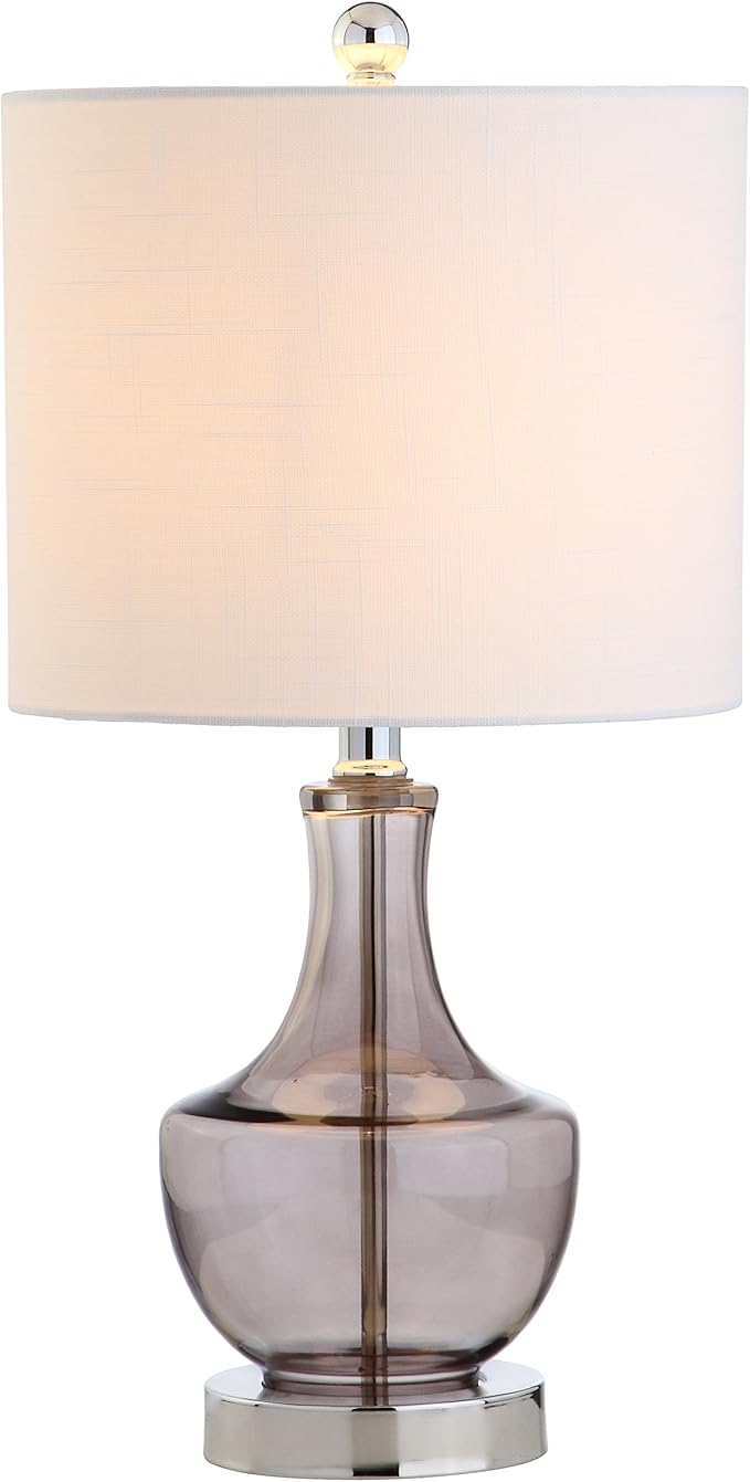 JONATHAN Y 20" Smoke Gray Glass Mini Table Lamp, Modern Bedside Lamp for Bedroom, White Linen Drum Shade, Teardrop Glass Base, LED Bulb Included, UL Listed (JYL1029D)