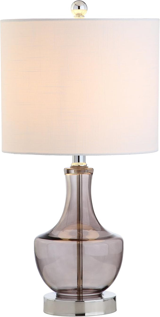 JONATHAN Y 20" Smoke Gray Glass Mini Table Lamp, Modern Bedside Lamp for Bedroom, White Linen Drum Shade, Teardrop Glass Base, LED Bulb Included, UL Listed (JYL1029D)