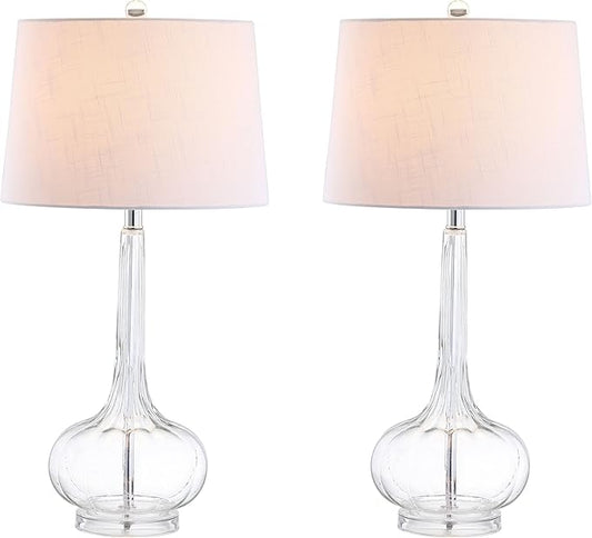 JONATHAN Y 28.5" Clear Glass Teardrop LED Table Lamp Set of 2 for Living Room Bedroom Nightstand, White Linen Shade Modern Transitional Bedside Desk Lamp (JYL1079C-SET2)