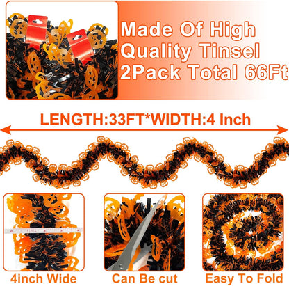 TURNMEON 2 Pack Halloween Garland Total 66 Ft Halloween Tinsel Garland with Black Orange Pumpkin Metallic Twist Black Tinsel Garlands Outdoor Halloweens Decorations Indoor for Home Mantle Door Tree