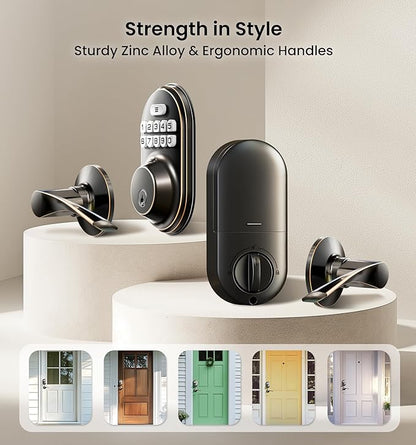 Veise Keyless Entry Door Lock with 2 Lever Handles - Electronic Keypad Deadbolt, Auto Lock, Back Lit & Easy Installation Design, Front Door Handle Sets, Oil Rubbed Bronze