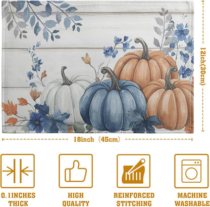 Autumn Placemats Blue Pumpkin Fall Place Mat Eucalyptus Leaves Floral Wood Grain Table Mats Thanksgiving Harvest Linen Placemat Party Kitchen Dining Decoration 12x18 Inch Set of 4