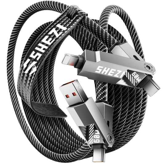SHEZI Nylon Braided 4 in 1 USB C Cable 60W 10FT Compatible with Lightning Cable, Fast Charging for iPhone/iPad Charger Cord [480Mbps Data Sync],Multi Charging Cable with Type C/USB A, Grey