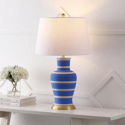 JONATHAN Y 29" Blue/Beige Traditional Ceramic Urn LED Table Lamp for Bedroom Decor, White Linen Drum Shade, Classic Nightstand Lamp for Living Room, LED Bulb Included (JYL4026L)