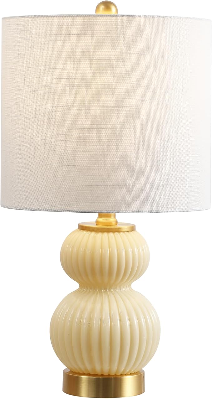 JONATHAN Y 20" Ivory/Brass Gold Ribbed Gourd Glass Table Lamp, Modern Bedside Lamp for Bedroom Living Room, White Linen Drum Shade, LED Bulb Included (JYL1099G)