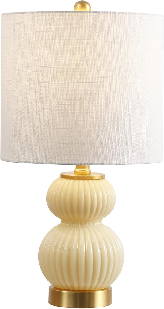 JONATHAN Y 20" Ivory/Brass Gold Ribbed Gourd Glass Table Lamp, Modern Bedside Lamp for Bedroom Living Room, White Linen Drum Shade, LED Bulb Included (JYL1099G)