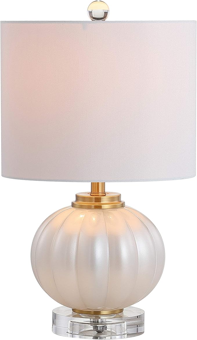 JONATHAN Y 17.5" White/Brass Gold Glass Table Lamp, Modern Crystal Bedside Lamp for Bedroom Living Room Nightstand, Glam Ribbed Accent Lamp, White Faux Silk Shade, LED Bulb (JYL2076B)