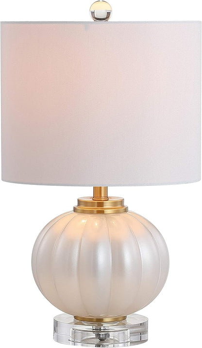 JONATHAN Y 17.5" White/Brass Gold Glass Table Lamp, Modern Crystal Bedside Lamp for Bedroom Living Room Nightstand, Glam Ribbed Accent Lamp, White Faux Silk Shade, LED Bulb (JYL2076B)